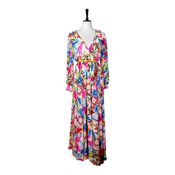 Haoduoyi Maxi Dress Wrap Top Long Sleeves Chiffon Floral Multi Women’s Size XL - Picture 11 of 11